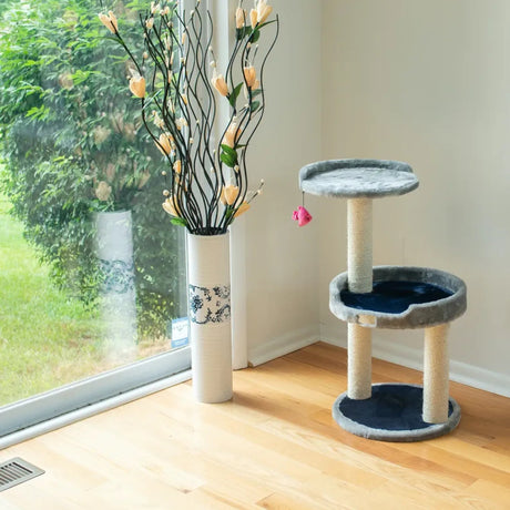 3 Level Real Wood Cat scratcher, x2905, Gray W Plush Perch | Scratchers | pethousekh