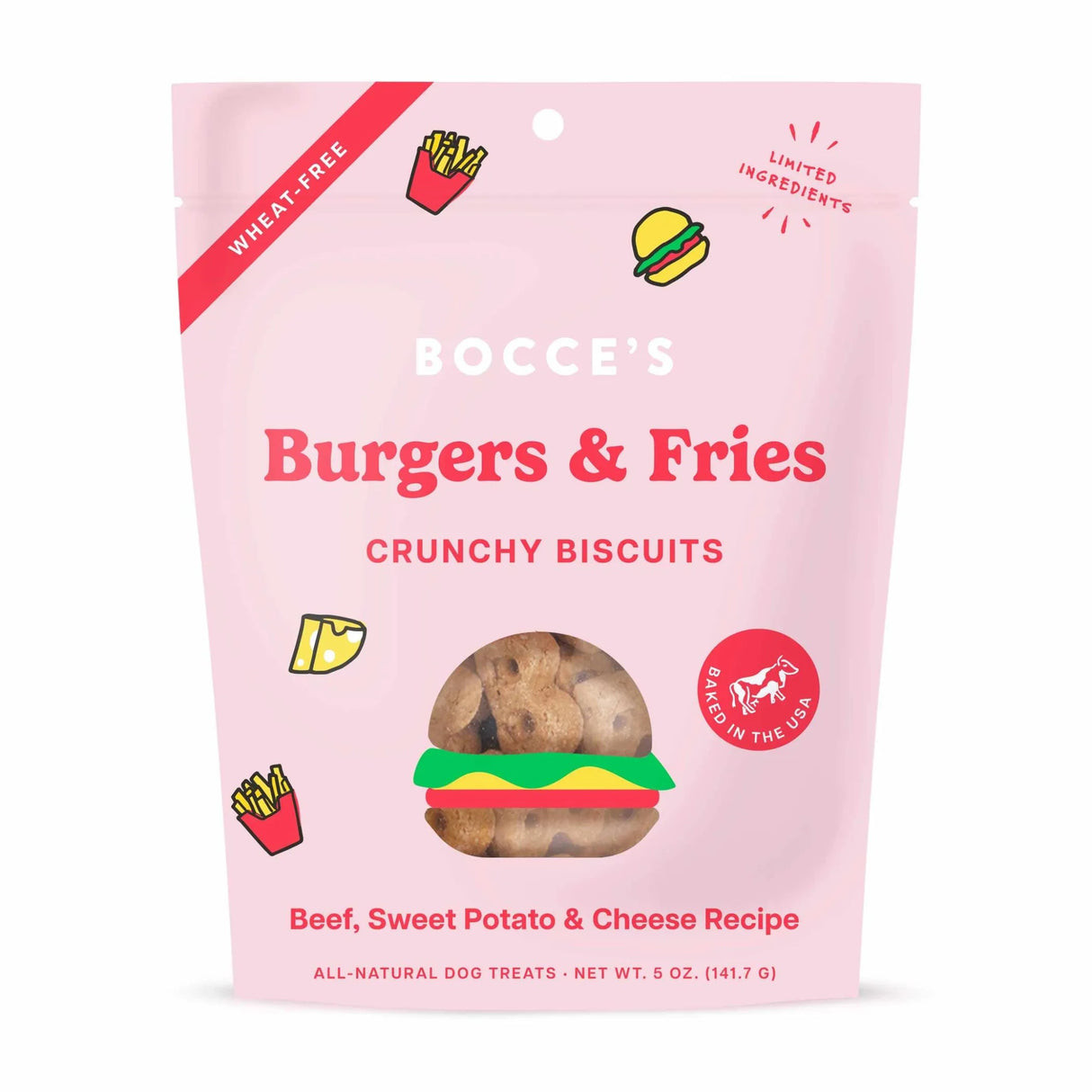 Bocce's Bakery Burgers & Fries Biscuit Dog Treats 5oz | Biscuits & Crunchy Treats | pethousekh