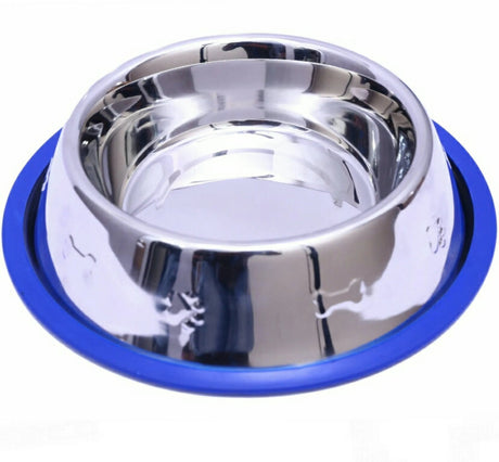 Etched Stainless Steel Dog Bowls with Blue Silicone Base | Food & Water Bowls | pethousekh
