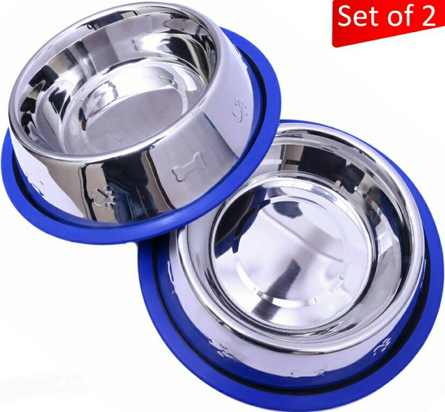 Etched Stainless Steel Dog Bowls with Blue Silicone Base | Food & Water Bowls | pethousekh