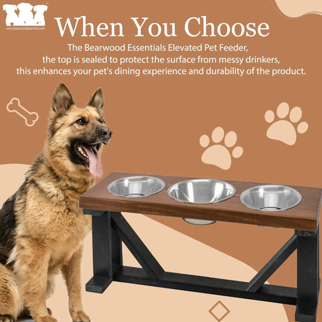 Farmhouse 3 - Bowl Elevated Dog Feeder Ebony Small, Black Base | Pet Feeders | pethousekh