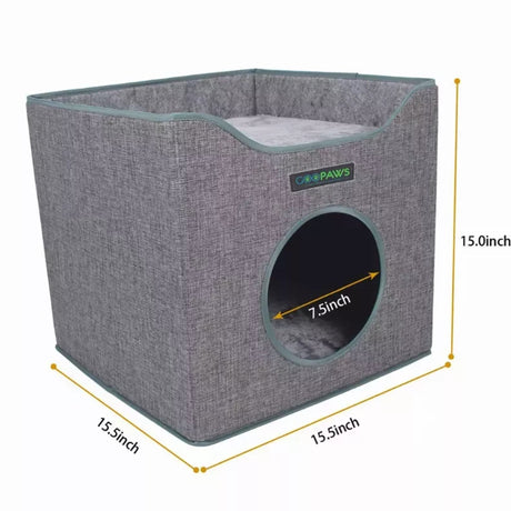 JESPET Foldable Cat Condo, Cat Cube House & Sleepping Bed with Lying Surface and 2 Reversible Cushions, Cat Hiding Place, Cat Cave, Linenette Fabric, Felt and Engineered Wood, Scratch Resista | Cat Beds | pethousekh