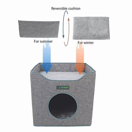 JESPET Foldable Cat Condo, Cat Cube House & Sleepping Bed with Lying Surface and 2 Reversible Cushions, Cat Hiding Place, Cat Cave, Linenette Fabric, Felt and Engineered Wood, Scratch Resista | Cat Beds | pethousekh