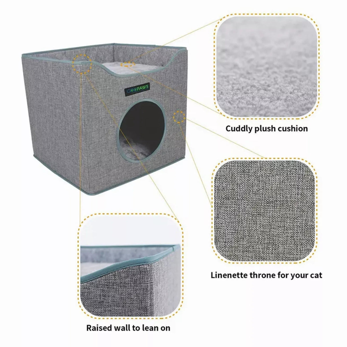 JESPET Foldable Cat Condo, Cat Cube House & Sleepping Bed with Lying Surface and 2 Reversible Cushions, Cat Hiding Place, Cat Cave, Linenette Fabric, Felt and Engineered Wood, Scratch Resista | Cat Beds | pethousekh
