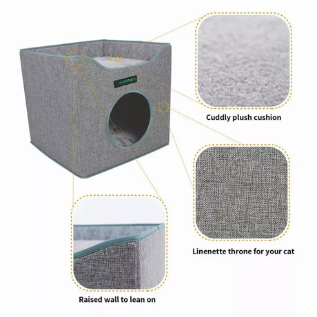 JESPET Foldable Cat Condo, Cat Cube House & Sleepping Bed with Lying Surface and 2 Reversible Cushions, Cat Hiding Place, Cat Cave, Linenette Fabric, Felt and Engineered Wood, Scratch Resista | Cat Beds | pethousekh