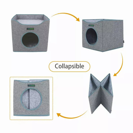JESPET Foldable Cat Condo, Cat Cube House & Sleepping Bed with Lying Surface and 2 Reversible Cushions, Cat Hiding Place, Cat Cave, Linenette Fabric, Felt and Engineered Wood, Scratch Resista | Cat Beds | pethousekh