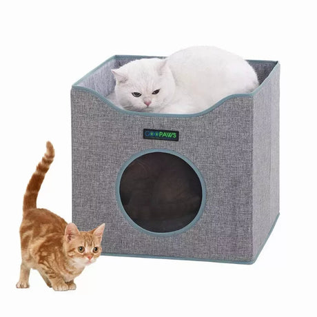 JESPET Foldable Cat Condo, Cat Cube House & Sleepping Bed with Lying Surface and 2 Reversible Cushions, Cat Hiding Place, Cat Cave, Linenette Fabric, Felt and Engineered Wood, Scratch Resista | Cat Beds | pethousekh