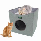 JESPET Foldable Cat Condo, Cat Cube House & Sleepping Bed with Lying Surface and 2 Reversible Cushions, Cat Hiding Place, Cat Cave, Linenette Fabric, Felt and Engineered Wood, Scratch Resista | Cat Beds | pethousekh
