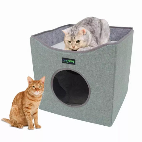 JESPET Foldable Cat Condo, Cat Cube House & Sleepping Bed with Lying Surface and 2 Reversible Cushions, Cat Hiding Place, Cat Cave, Linenette Fabric, Felt and Engineered Wood, Scratch Resista | Cat Beds | pethousekh