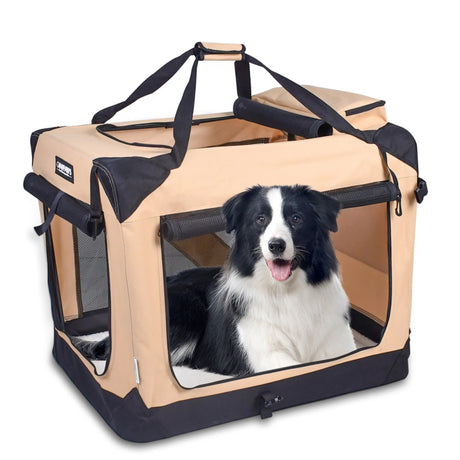 JESPET Soft Pet Crates Kennel, 3 Door Soft Sided Folding Travel Pet Carrier with Straps and Fleece Mat for Dogs, Cats, Rabbits, Indoor/Outdoor Use with Grey, Blue & Beige, Black | Pet Carriers | pethousekh
