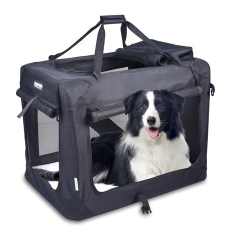 JESPET Soft Pet Crates Kennel, 3 Door Soft Sided Folding Travel Pet Carrier with Straps and Fleece Mat for Dogs, Cats, Rabbits, Indoor/Outdoor Use with Grey, Blue & Beige, Black | Pet Carriers | pethousekh