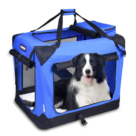 JESPET Soft Pet Crates Kennel, 3 Door Soft Sided Folding Travel Pet Carrier with Straps and Fleece Mat for Dogs, Cats, Rabbits, Indoor/Outdoor Use with Grey, Blue & Beige, Black | Pet Carriers | pethousekh