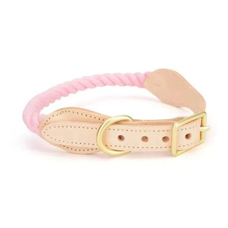 Luxe Royal Pink Leather Rope Dog Collar With Brass Hardware | Dog Collars | pethousekh