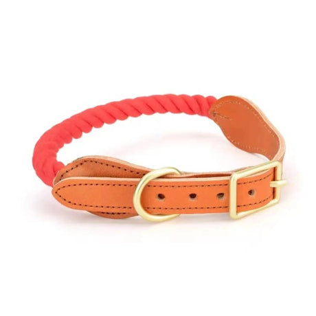 Luxe Royal Pink Leather Rope Dog Collar With Brass Hardware | Dog Collars | pethousekh