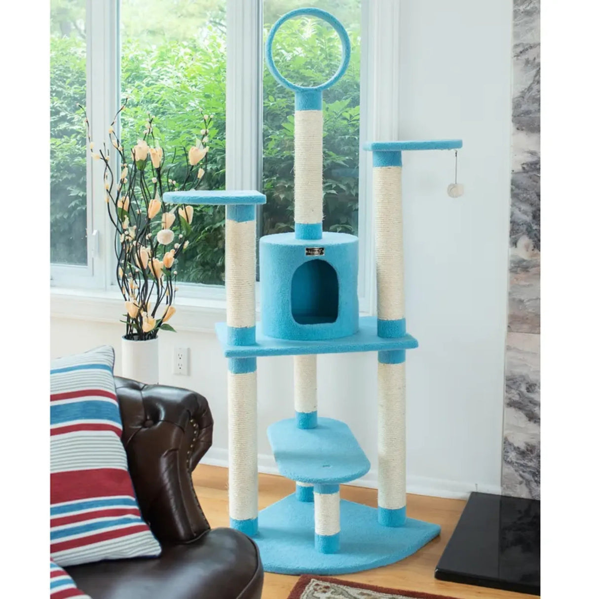 Real Wood 65 - Inch Classic Cat Tree In Sky Blue 5 - Level Condo | Scratchers | pethousekh