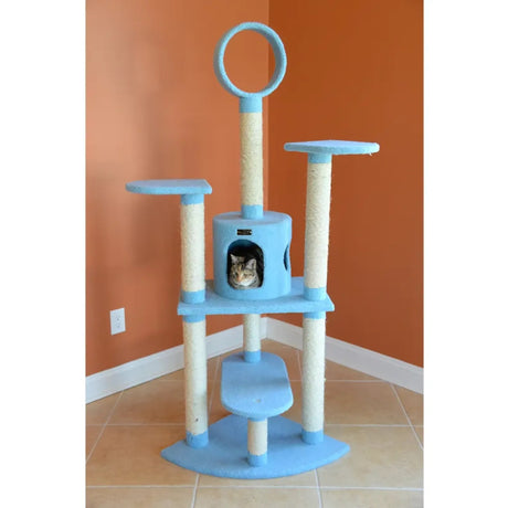 Real Wood 65 - Inch Classic Cat Tree In Sky Blue 5 - Level Condo | Scratchers | pethousekh