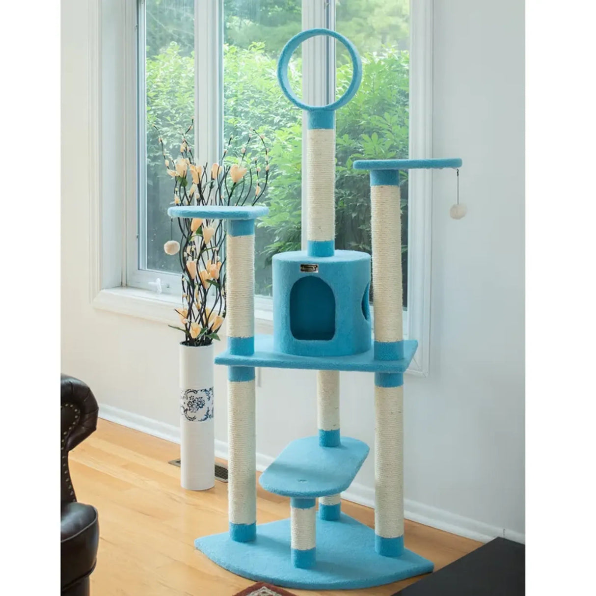 Real Wood 65 - Inch Classic Cat Tree In Sky Blue 5 - Level Condo | Scratchers | pethousekh