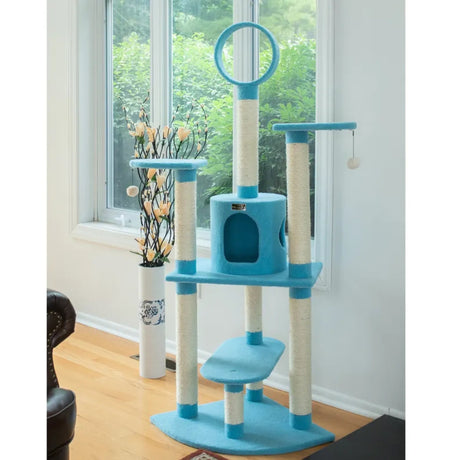 Real Wood 65 - Inch Classic Cat Tree In Sky Blue 5 - Level Condo | Scratchers | pethousekh
