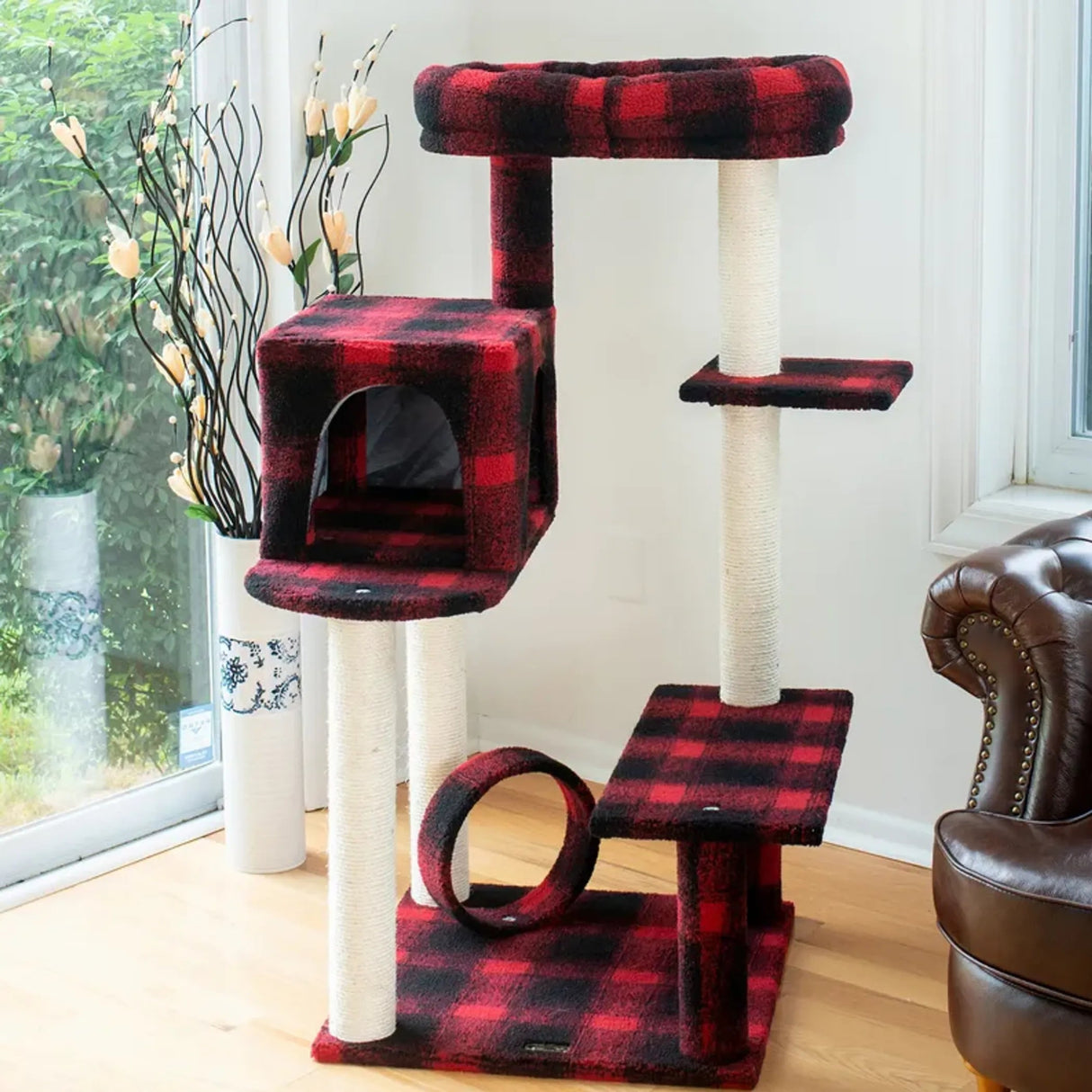 Real Wood B5008 50 - Inch Classic Cat Tree With Veranda, Bench | Scratchers | pethousekh