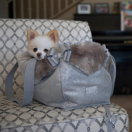 Susan Lanci Designs Platinum Glitzerati Double Nouveau Bow Luxury Carrier with Fur Trim | Pet Carriers | pethousekh