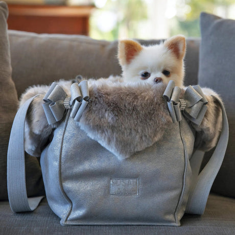 Susan Lanci Designs Platinum Glitzerati Double Nouveau Bow Luxury Carrier with Fur Trim | Pet Carriers | pethousekh